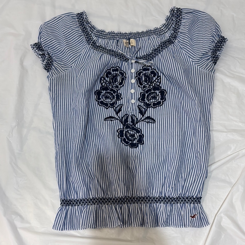 Hollister Blue Striped Women's Top with Floral Embroidery